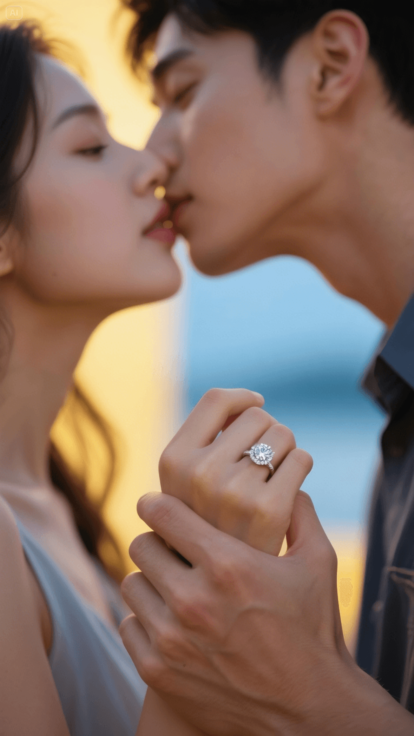 Romantic couple showing engagement ring in golden sunset light