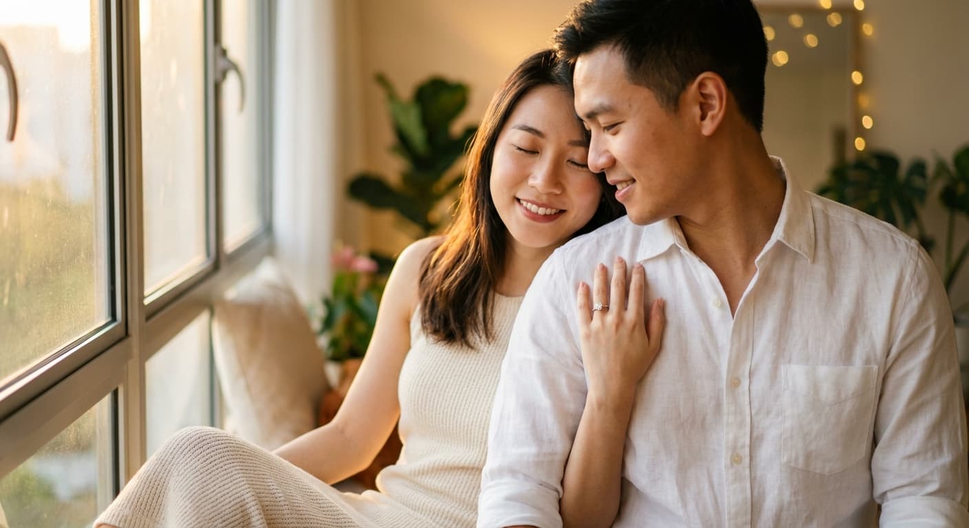 Intimate moment of Singaporean couple embracing, woman's beautiful custom engagement ring visible on his shoulder, golden hour lighting