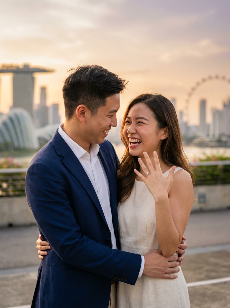 Happy Singaporean couple celebrating engagement, woman showing off custom engagement ring, Marina Bay Sands skyline at golden hour