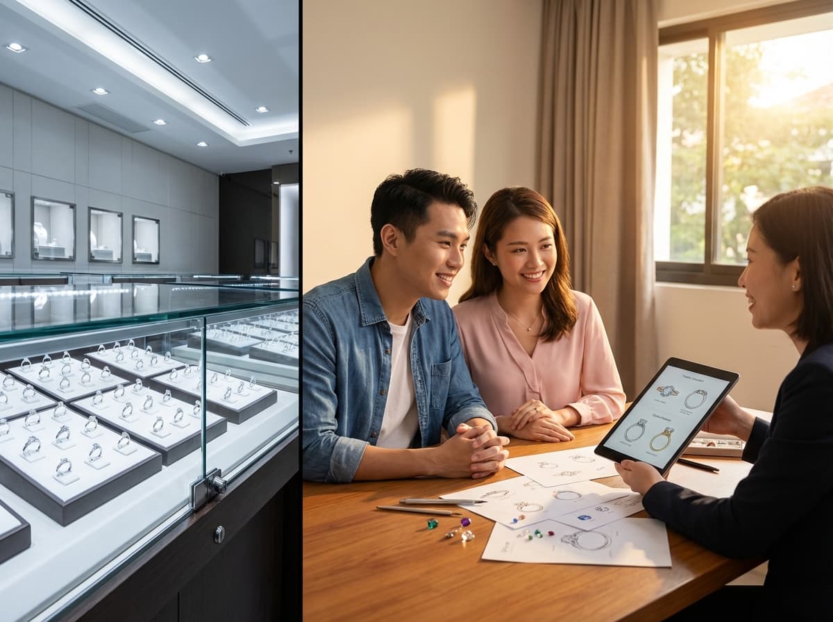 Split comparison: impersonal retail jewelry store with generic engagement rings versus warm consultation with couple and jewelry designer creating custom engagement ring