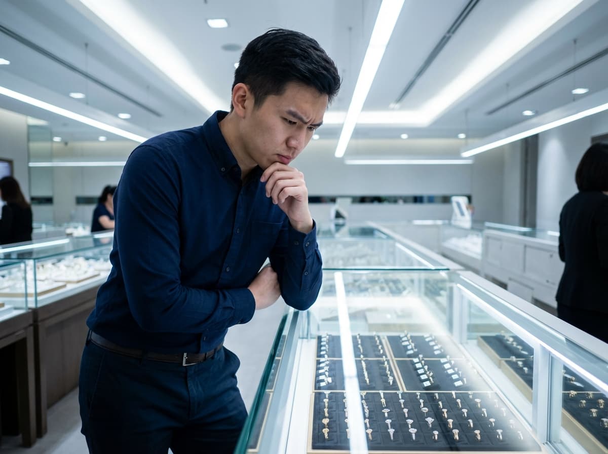 Frustrated couple comparing high-priced retail diamonds in a bright showroom