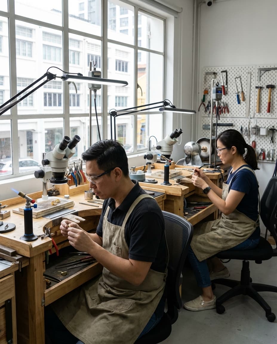 Bespoke Promise workshop in Singapore, craftspeople at work on custom pieces
