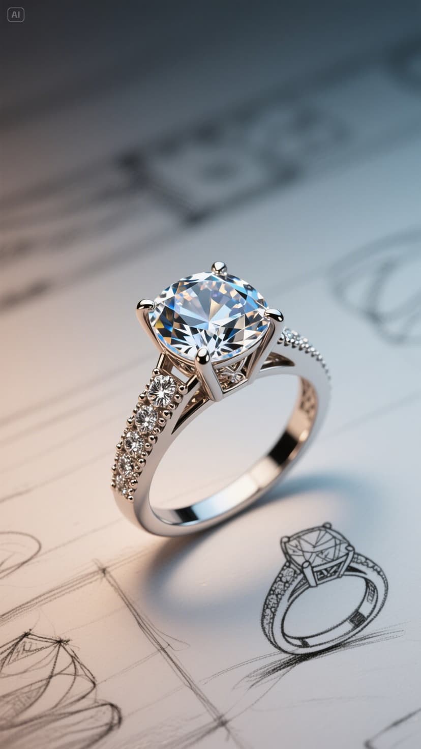 Engagement ring with design sketches showing the design process