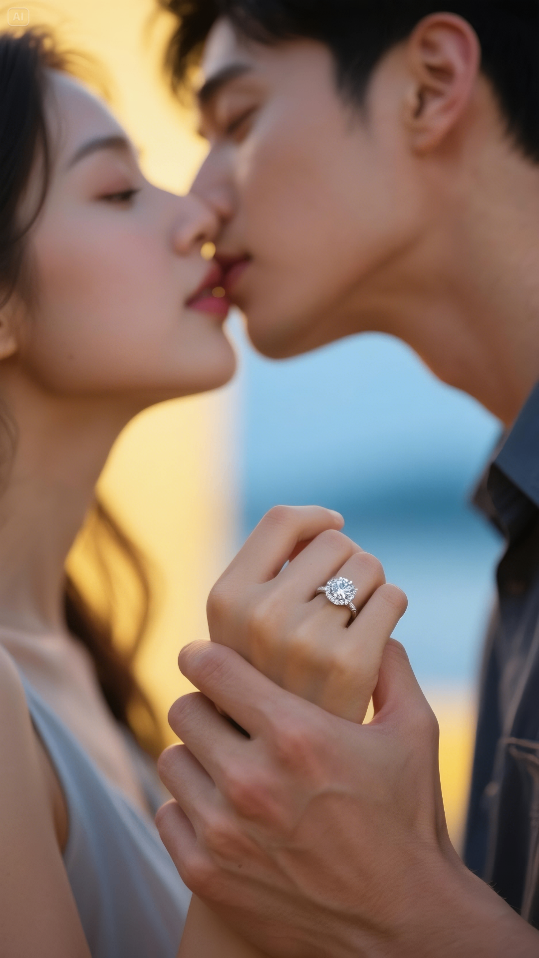 Romantic couple moment with beautiful engagement ring